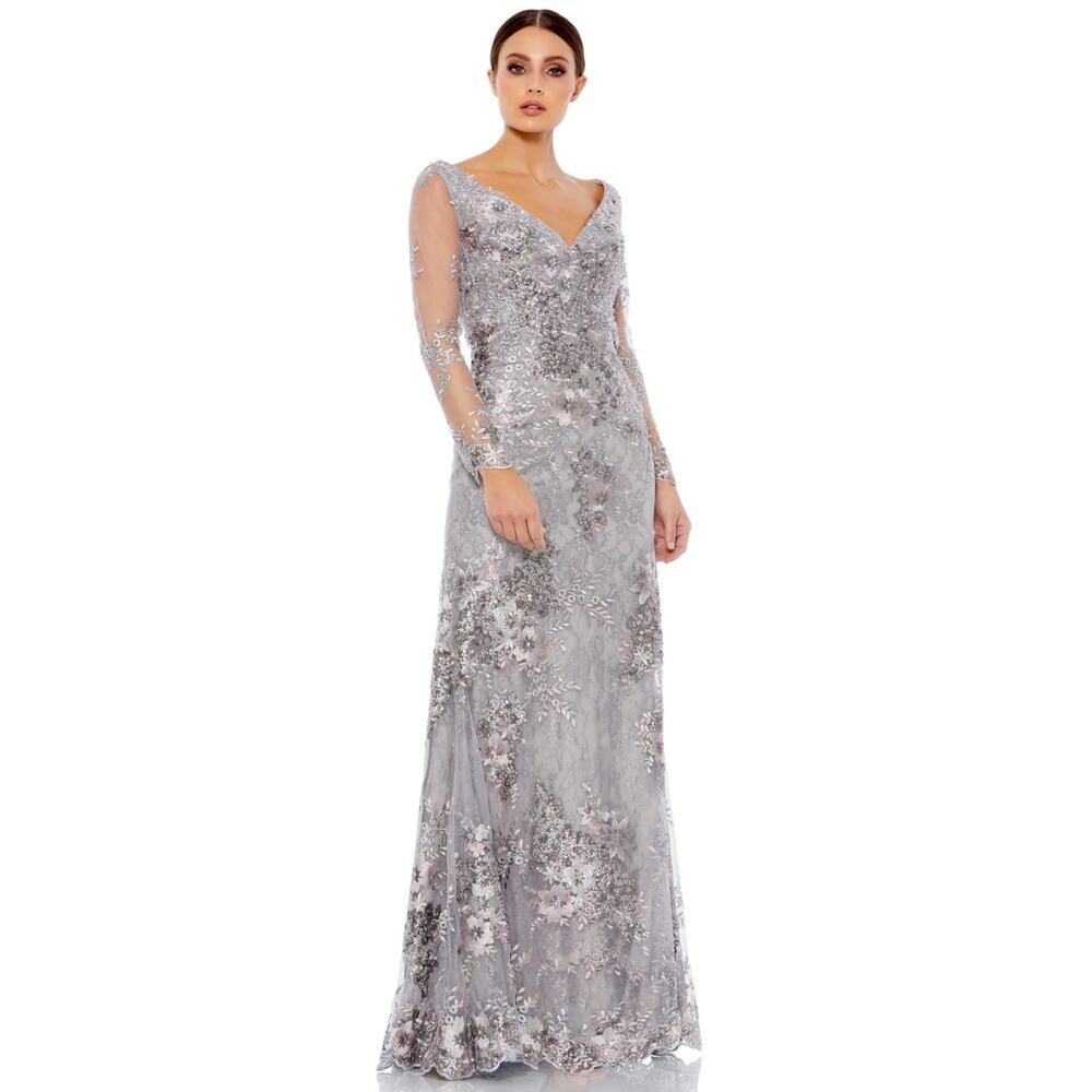 Mac Duggal 67539 Embellished Lace V Neck Illusion Gown Size 16 Platinum NWT‎